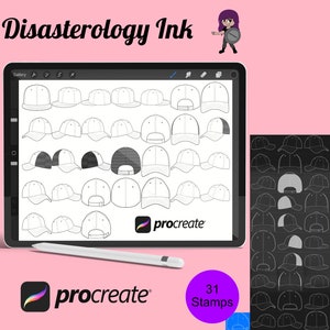 May include: A digital illustration of 31 baseball cap stamps for use in the Procreate app. The stamps are black and white and are arranged in a grid on a black background. The text "31 Stamps" is in a purple circle at the bottom of the image.