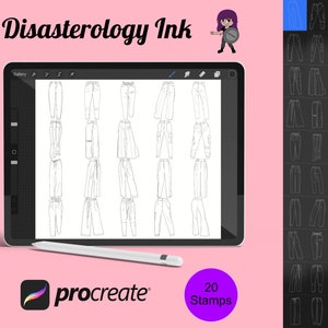 以下が含まれることがあります： タブレットの画面に表示された20種類の異なるパンツスタイルのデジタルイラスト。タブレットはピンクの表面の上に置かれています。画像の上部に「Disasterology Ink」というテキストがあります。画像の下部に「procreate」というテキストがあります。紫色の円の中に「20 Stamps」というテキストがあります。