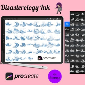 May include: A digital art set titled "Disasterology Ink" displayed on a tablet screen. The set features 44 wave stamps in shades of blue, designed for the Procreate app. A white stylus and the Procreate logo are also visible.