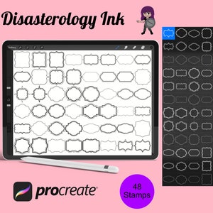May include: A digital tablet screen displaying 48 black and white frame stamps for the Procreate app. The text "Disasterology Ink" and "48 Stamps" is visible on the screen.