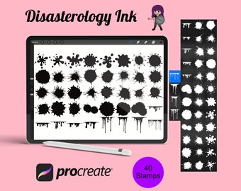 Op de afbeelding: Een digitale tablet waarop 40 zwarte en witte inktvlekken stempels worden weergegeven voor de Procreate-app. De tekst "Disasterology Ink" staat bovenaan de afbeelding.