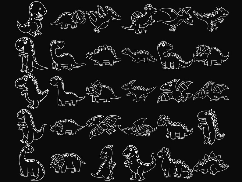 Cartoon Dinosaurs Outlines Set 1 Procreate Brush Stamps, 30 Dinosaur ...