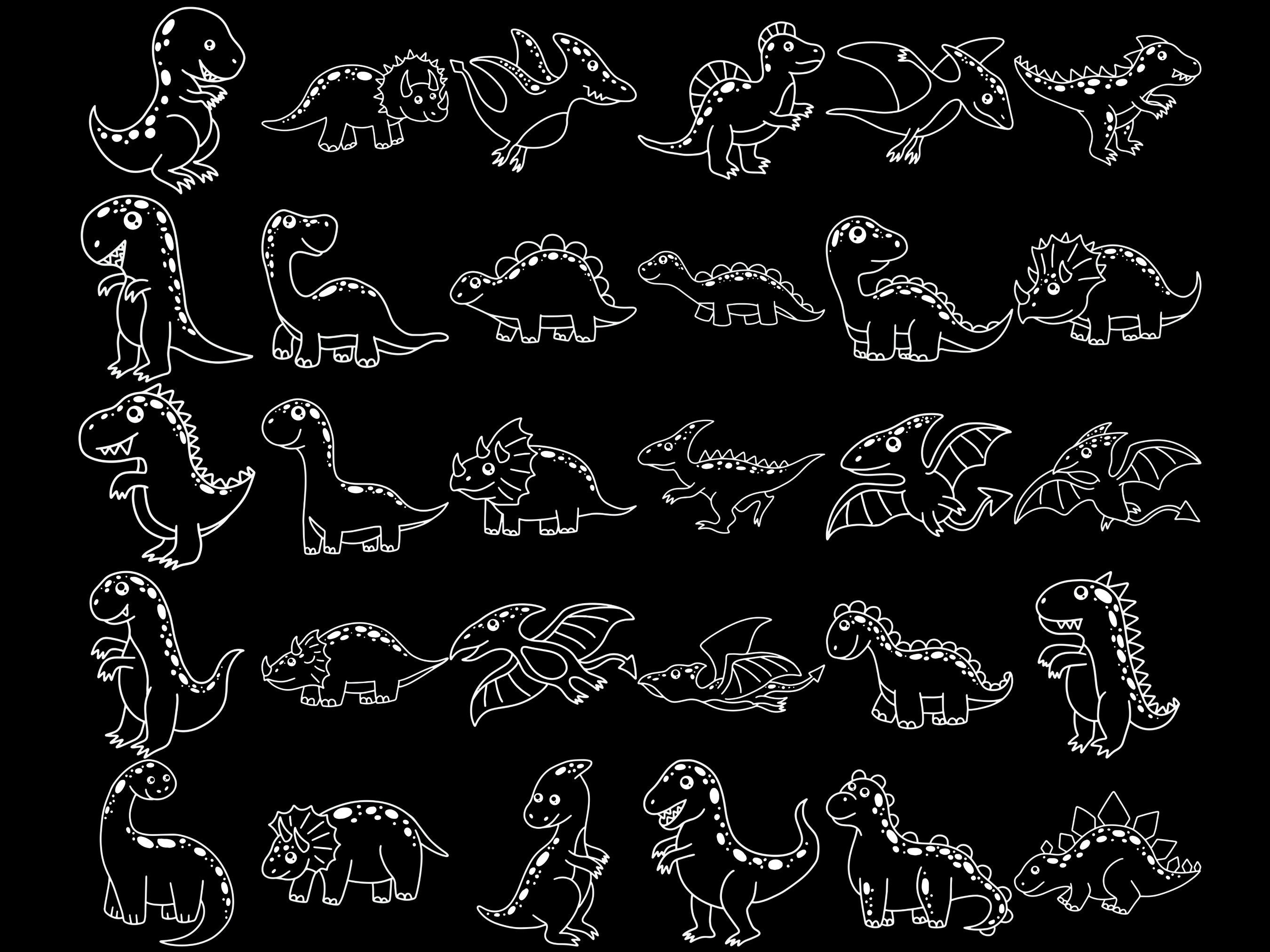 Cartoon Dinosaurs Outlines Set 1 Procreate Brush Stamps, 30 Dinosaur ...