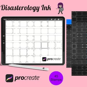 May include: A digital illustration of 45 black and white frame stamps for use in the Procreate app. The stamps are displayed on a black background. The text "45 Stamps" is displayed in purple text on a white circle.