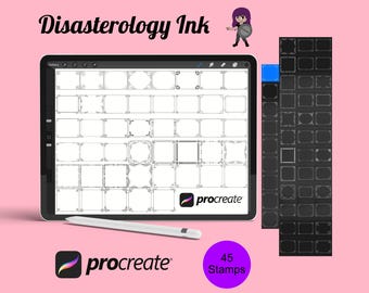 May include: A digital illustration of 45 black and white frame stamps for use in the Procreate app. The stamps are displayed on a black background. The text "45 Stamps" is displayed in purple text on a white circle.