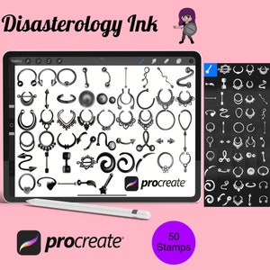 May include: A digital art illustration on a tablet, featuring a collection of black body jewelry stamps for the Procreate app. The image includes a stylus, the Procreate logo, and the text "Disasterology Ink". A purple circle reads "50 Stamps".