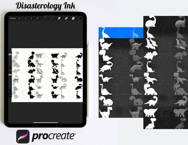 Cartoon Dinosaurs, Outlines and Silhouette Set 4 Procreate Brush Stamps ...