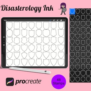 May include: A digital illustration of 48 different shield shapes, perfect for use as Procreate stamps. The shields are black and white and are arranged in a grid on a white background. The text "Disasterology Ink" and "48 Stamps" is also visible.