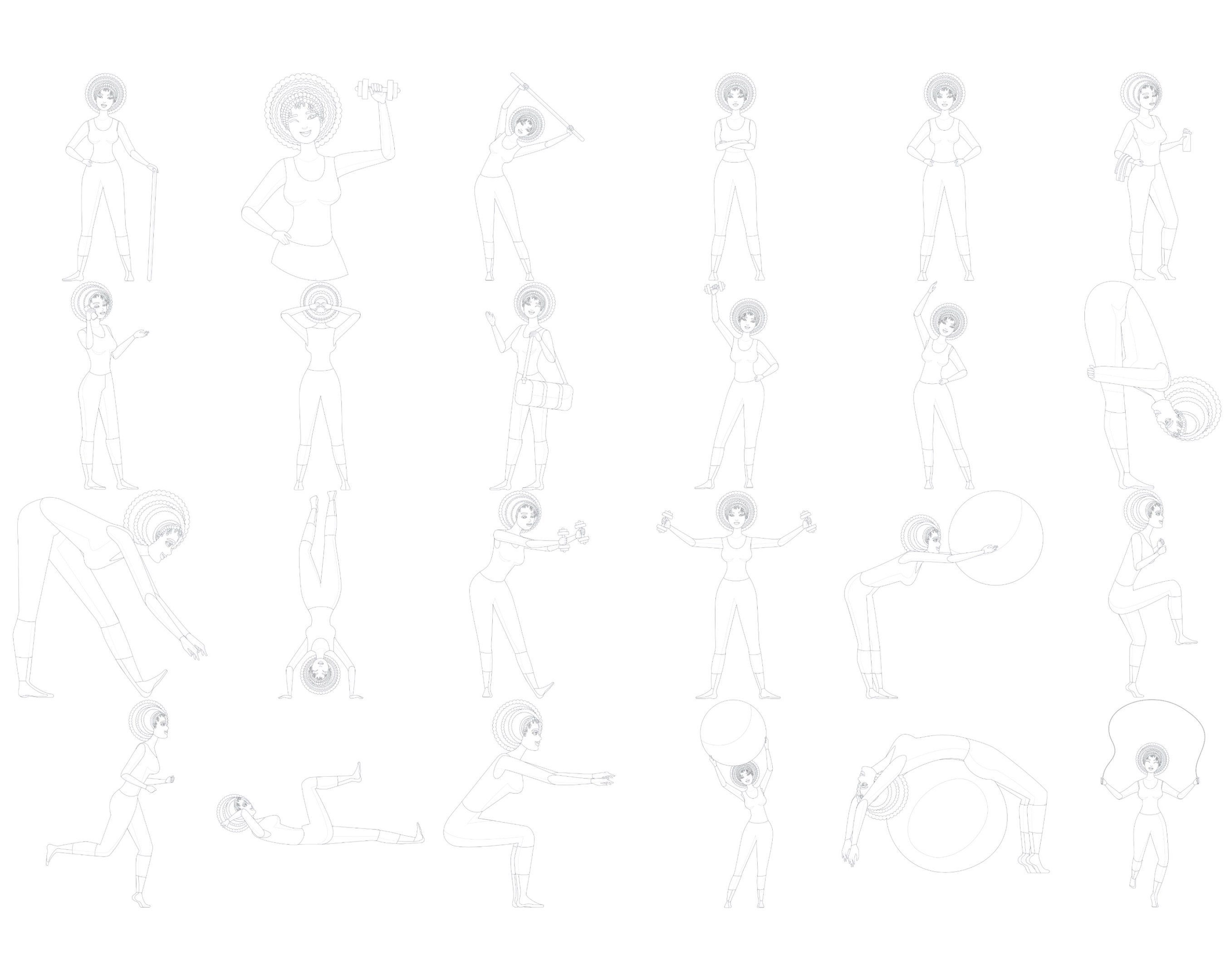 Female Fitness Model Body Poses Set 1 Procreate Brush Stamps, 24 Models ...