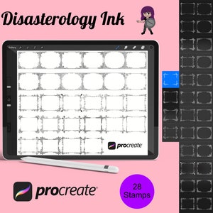 May include: A digital illustration of 28 decorative frames for use in the Procreate app. The frames are in black and white and have a vintage, ornate style. The text "Disasterology Ink" and "Procreate" are visible in the image.
