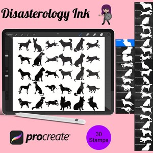 May include: A digital illustration of 30 dog breed silhouettes for use as Procreate stamps. The image shows a tablet screen displaying the stamps, with a list of dog breeds on the right side of the image.