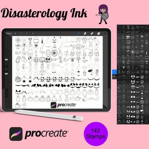 May include: A digital tablet screen displaying 142 black and white Halloween themed stamps for the Procreate app. The stamps include pumpkins, ghosts, bats, witches, and other spooky designs.