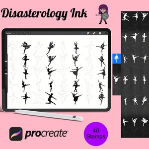 May include: A digital art illustration on a tablet featuring black silhouette ballet dancer stamps. The tablet displays a collection of 40 stamps, with the text "Disasterology Ink" at the top and "procreate" at the bottom. A stylus is placed below the tablet.