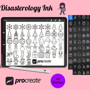 Zestaw stempli pędzlowych Procreate Christmas Winter Elements 3, 49 znaczków świątecznych