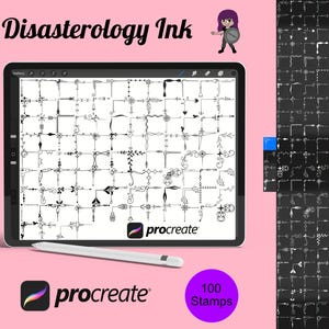 Peut inclure: Une illustration numérique de 100 tampons décoratifs pour Procreate, présentant une variété de bordures, de coins et de fioritures ornées. Les tampons sont affichés sur l'écran d'une tablette avec le texte "Disasterology Ink" et "Procreate" visible.