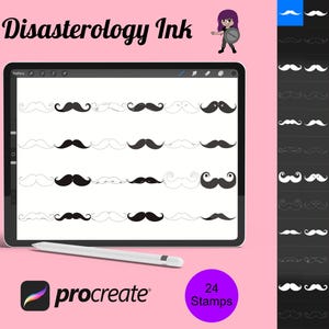 Può includere: Un'illustrazione digitale di 24 diversi timbri di baffi per l'app Procreate. I timbri sono in bianco e nero e presentano vari stili di baffi. Il testo "Disasterology Ink" e "24 Stamps" è visibile nell'immagine.