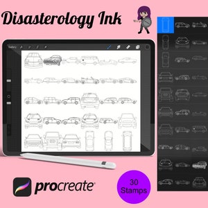以下が含まれることがあります： Procreate アプリ用の 30 個の車のスタンプのデジタルイラスト。スタンプは、セダン、SUV、トラックなど、さまざまな車のモデルの白黒のアウトラインです。スタンプは、デジタルタブレットの画面に並べて配置されています。画像には、「Disasterology Ink」と「30 Stamps」のテキストが表示されています。