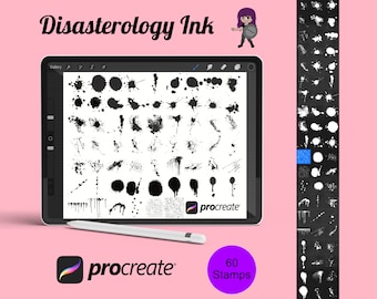Op de afbeelding: Een digitaal tabletscherm met 60 zwarte en witte inktvlekken stempels voor de Procreate-app. De tekst "Disasterology Ink" en "60 Stamps" is zichtbaar op het scherm.