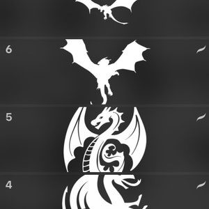 Puede incluir: Una imagen en blanco y negro de diez siluetas de dragones diferentes, cada una con un dise&ntilde;o &uacute;nico. Los dragones est&aacute;n numerados del 1 al 10, siendo el drag&oacute;n m&aacute;s grande el de arriba y el m&aacute;s peque&ntilde;o el de abajo.