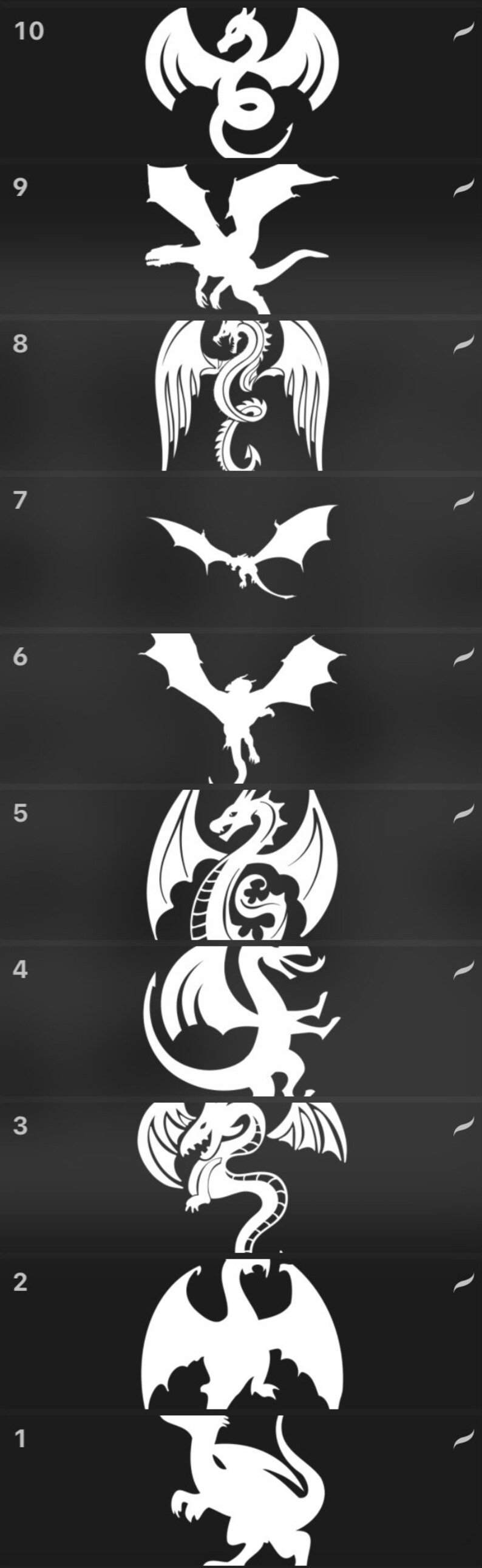 Puede incluir: Una imagen en blanco y negro de diez siluetas de dragones diferentes, cada una con un dise&ntilde;o &uacute;nico. Los dragones est&aacute;n numerados del 1 al 10, siendo el drag&oacute;n m&aacute;s grande el de arriba y el m&aacute;s peque&ntilde;o el de abajo.