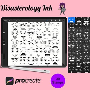 May include: A digital illustration of 30 cartoon face stamps for the Procreate app. The stamps are black and white and feature a variety of expressions, including happy, sad, angry, and surprised. The stamps are displayed on a digital tablet screen.