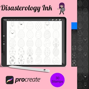 May include: A digital illustration of 30 Easter egg stamps for Procreate. The stamps feature various patterns and designs, including polka dots, stripes, and floral motifs. The image shows a digital tablet screen displaying the stamps, along with a stylus.