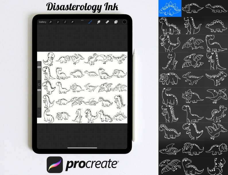 Cartoon Dinosaurs Outlines Set 1 Procreate Brush Stamps, 30 Dinosaur ...
