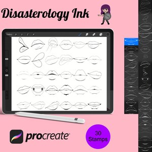 Könnte beinhalten: Eine digitale Illustration von 30 verschiedenen Lippenformen zur Verwendung als digitale Stempel in der Procreate-App. Die Lippen sind in schwarzer Tinte auf weißem Hintergrund gezeichnet. Das Bild wird auf einem Tablet-Bildschirm angezeigt.