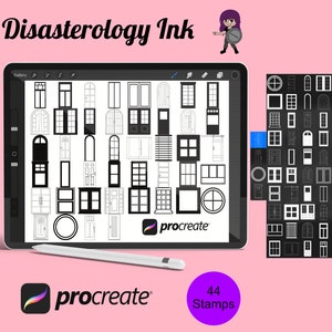 May include: A digital illustration of 44 black and white window and door stamps for the Procreate app. The stamps are displayed on a tablet screen and are labeled "Disasterology Ink".