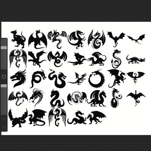 Puede incluir: Una colecci&oacute;n de 25 siluetas de dragones en blanco y negro en varias poses. Los dragones se representan en una variedad de estilos, incluyendo volando, de pie y enroscados.