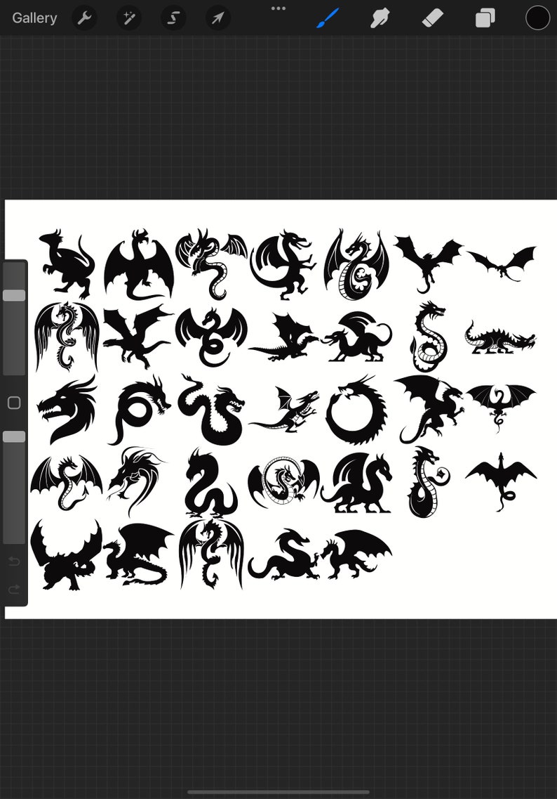 Puede incluir: Una colecci&oacute;n de 25 siluetas de dragones en blanco y negro en varias poses. Los dragones se representan en una variedad de estilos, incluyendo volando, de pie y enroscados.