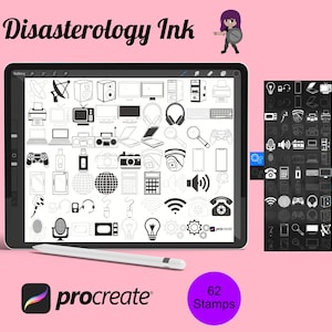 May include: A digital tablet screen displaying 62 black and white icons of various electronic devices, including a computer, phone, camera, and headphones. The text "Disasterology Ink" and "62 Stamps" is visible on the screen. The tablet is on a pink surface with a white stylus next to it.
