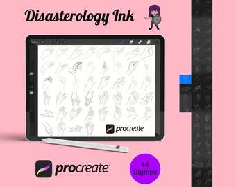 Peut inclure: Une illustration numérique de 44 poses de mains à utiliser comme tampons numériques dans l'application Procreate. L'image montre l'écran d'une tablette numérique affichant les poses de mains, avec le logo Procreate dans le coin inférieur droit. Le texte "44 Stamps" est affiché dans un cercle violet sous la tablette.