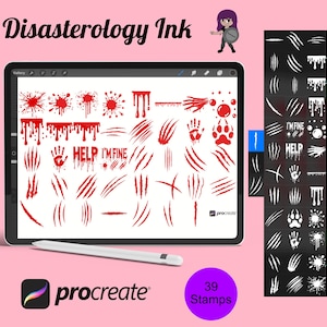 Può includere: Un'illustrazione digitale di 39 timbri rossi e bianchi per l'app Procreate. I timbri includono schizzi di sangue, segni di artigli, impronte di mani e le parole "Help" e "I'm Fine".