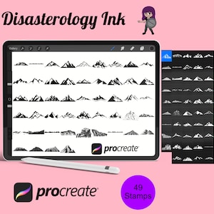 Op de afbeelding: Een digitale illustratie van 49 bergketen stempels voor de Procreate-app. De stempels zijn zwart-wit en tonen verschillende bergvormen en -groottes. De afbeelding bevat ook de tekst "Disasterology Ink" en "Procreate".