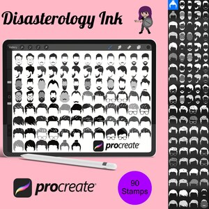 以下が含まれることがあります： Procreate アプリでデジタルスタンプとして使用できる、90種類の白黒の男性のヘアスタイルのデジタルイラスト。画像は、スタンプと Procreate ロゴを表示するタブレットの画面を示しています。"Disasterology Ink" と "90 Stamps" のテキストも表示されています。