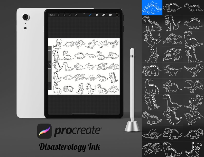 Cartoon Dinosaurs Outlines Set 1 Procreate Brush Stamps, 30 Dinosaur ...