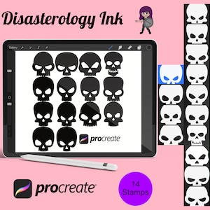 Könnte beinhalten: Eine digitale Illustration von 14 schwarzen Totenkopf-Stempeln zur Verwendung in der Procreate-App. Die Stempel werden auf einem Tablet-Bildschirm angezeigt und sind in einem Raster angeordnet. Der Text "Disasterology Ink" und "Procreate" ist im Bild sichtbar.
