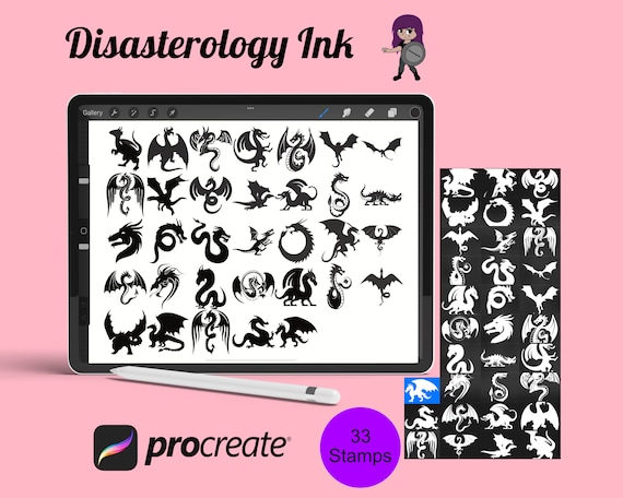 Dragon Silhouette Procreate Brush Stamps, 33 Dragon Images