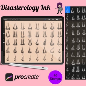 Könnte beinhalten: Eine digitale Illustration von 40 verschiedenen Nasenformen zur Verwendung als digitale Stempel in der Procreate-App. Das Bild zeigt einen Tablet-Bildschirm, auf dem die Nasenformen angezeigt werden, sowie eine Comicfigur, die einen Schild und ein Schwert hält.