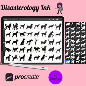 May include: A digital illustration of 40 dog silhouettes in black and white on a tablet screen. The tablet is on a pink surface with a stylus and a Procreate logo. The text "Disasterology Ink" and "40 Stamps" are also visible.