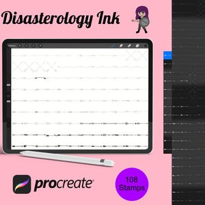 Puede incluir: Una ilustración digital de 108 sellos de tinta diferentes para usar en la aplicación Procreate. Los sellos se muestran en la pantalla de una tableta e incluyen una variedad de líneas, flechas y otros elementos decorativos.