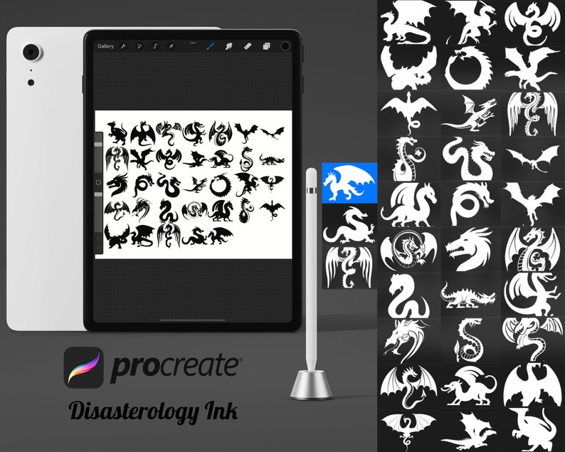 Puede incluir: Una ilustraci&oacute;n digital de una colecci&oacute;n de 36 siluetas de dragones en blanco y negro. Los dragones est&aacute;n en varias poses, incluyendo volar, caminar y acurrucarse. Las ilustraciones se muestran sobre un fondo blanco.