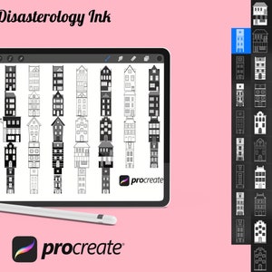 Könnte beinhalten: Eine digitale Illustration eines Sets von 24 schwarzen und weißen Gebäudefassaden. Die Gebäude sind vertikal gestapelt und haben unterschiedliche architektonische Details. Das Bild wird auf einem Tablet-Bildschirm mit dem Procreate-Logo in der unteren rechten Ecke angezeigt.