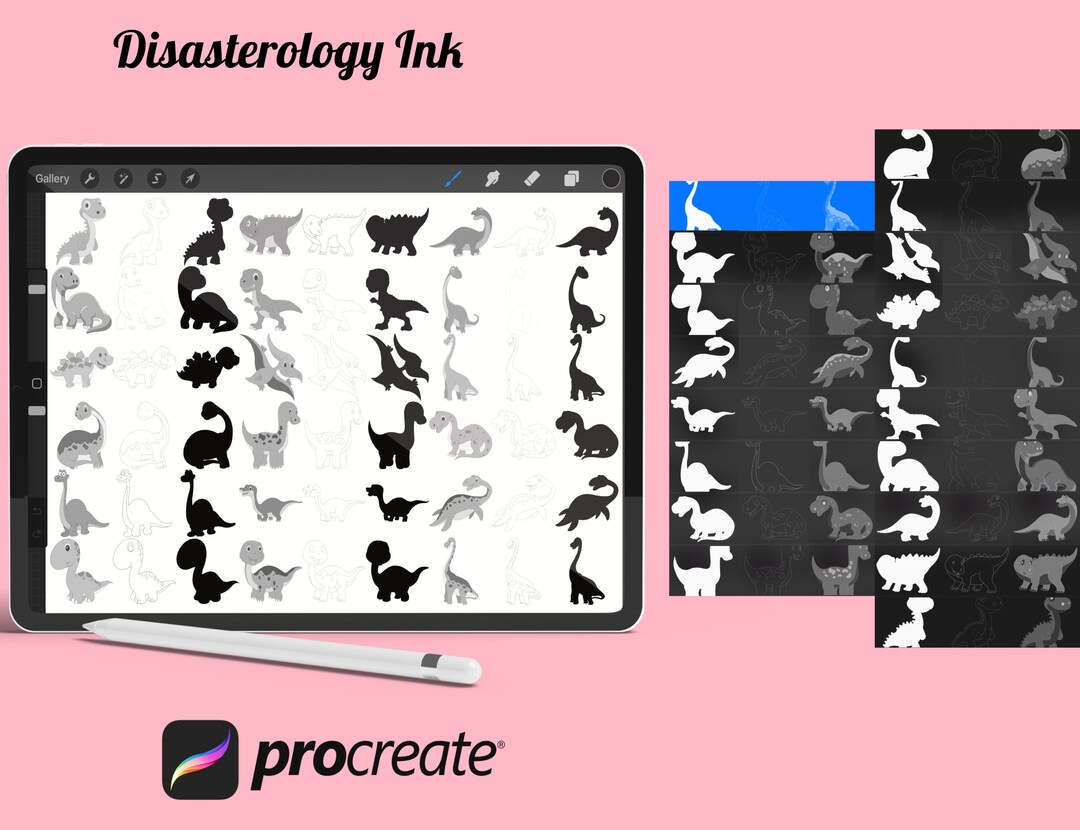 Cartoon Dinosaurs, Outlines and Silhouette Set 4 Procreate Brush Stamps ...