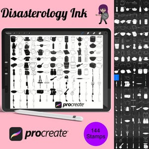May include: A digital illustration of 144 kitchen utensil stamps for the Procreate app. The stamps are black and white and include items like pots, pans, spoons, forks, knives, and more.
