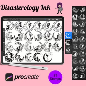 May include: A digital illustration of 23 black and white stamps featuring fairies sitting on crescent moons. The stamps are displayed on a tablet screen with the text "Disasterology Ink" and "Procreate" visible. The image also includes a small cartoon character holding a shield.