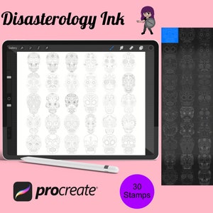 May include: A digital illustration of 30 sugar skull stamps for the Procreate app. The stamps are black and white and feature intricate designs. The image shows a tablet screen displaying the stamps, along with a stylus and the Procreate logo.