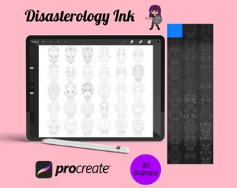 May include: A digital illustration of 30 sugar skull stamps for the Procreate app. The stamps are black and white and feature intricate designs. The image shows a tablet screen displaying the stamps, along with a stylus and the Procreate logo.