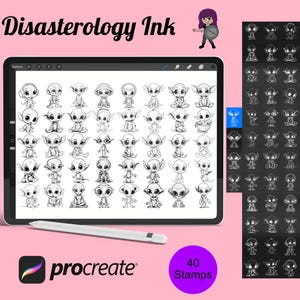 Può includere: Un'illustrazione digitale di 40 timbri in bianco e nero con un personaggio dei cartoni animati. I timbri sono visualizzati sullo schermo di un tablet digitale. Il testo "Disasterology Ink" e "40 Stamps" è visibile nell'immagine.